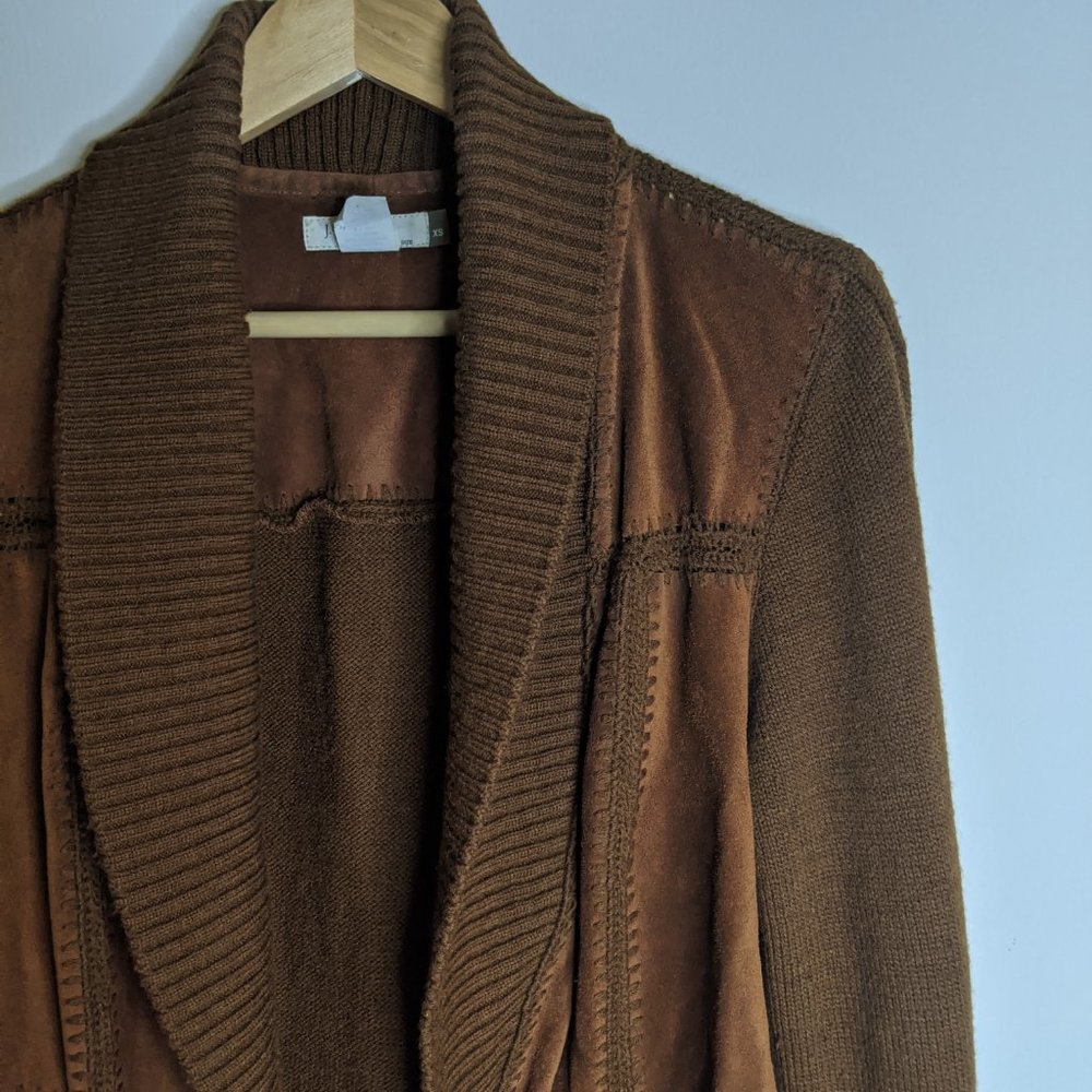 J Crew Vtg Leather Wool Knit Patchwork Cardigan xs - Picture 3 of 10